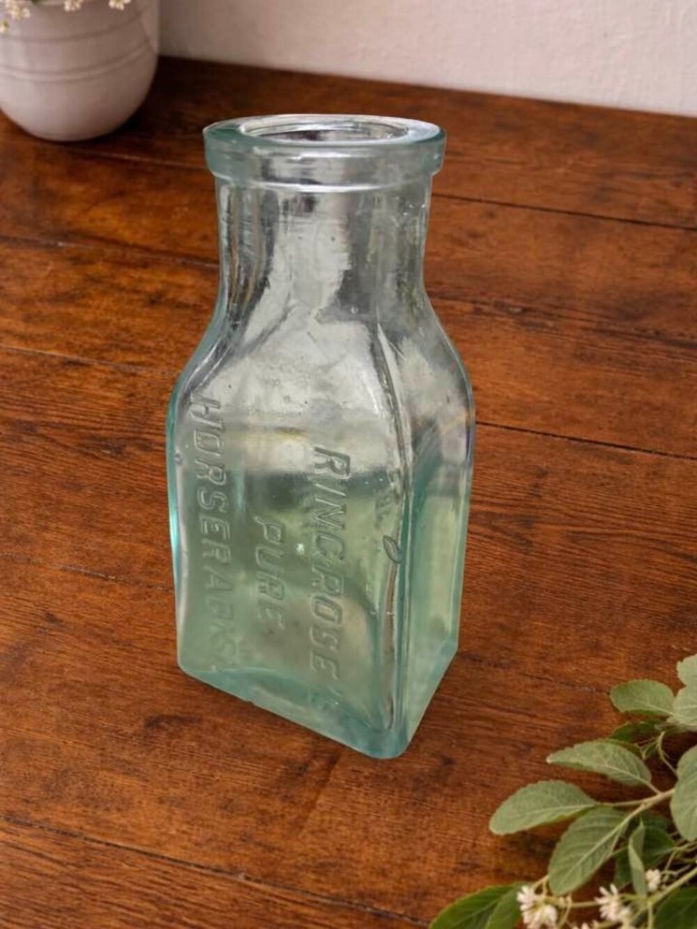 Antique Horseradish Bottle Ring Rose 4.75" Green Glass